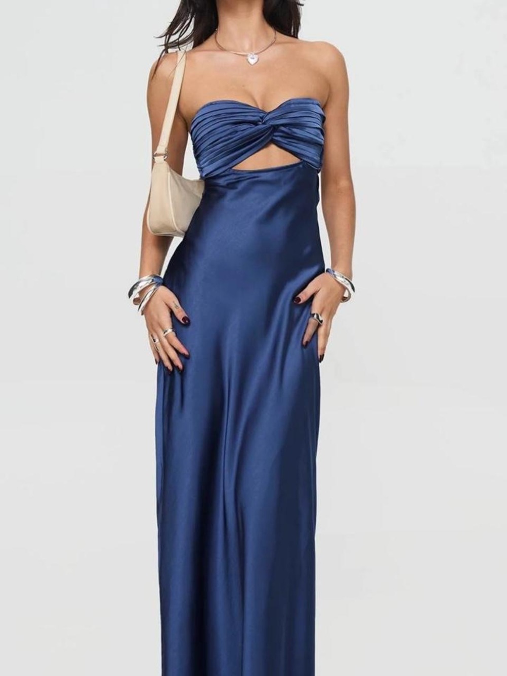 Princess Polly Strapless Twist-Cutout Satin Maxi Dress in Navy